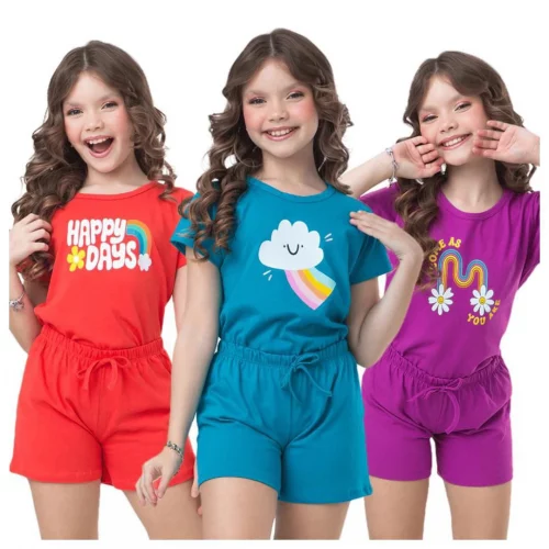 Kit Sortido 06 Peças de Roupas Infantil Menina 3 Camisetas + 3 Bermudas Kit com 3 Conjuntos de Roupa Infantil Menina