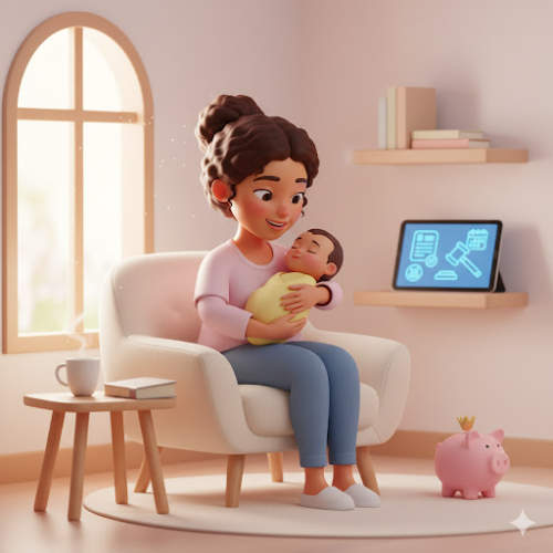 Mãe sorridente segurando os pezinhos do bebê recém-nascido, representando a tranquilidade e os direitos da licença maternidade.