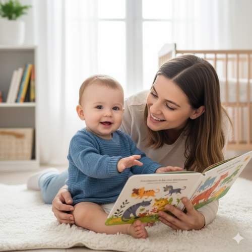 Mãe sorridente mostrando livro colorido para bebê curioso durante momento de estimulação da linguagem