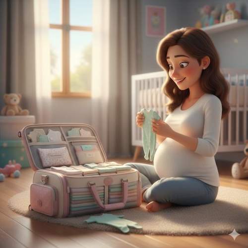 Mala de maternidade aberta com itens essenciais organizados de forma prática: roupas de bebê, fraldas e produtos de higiene