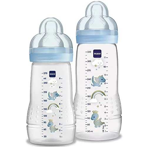 MAM Baby Kit 2 Mamadeiras Easy Active Set, 270ml e 330ml Com Formato Ergonômico e Fácil de Segurar para Crianças 2+ Meses com Bico de Silicone Skinsof...