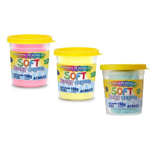 Massa de Modelar Acrilex Rosa, Amarelo e Azul Bebê 150g