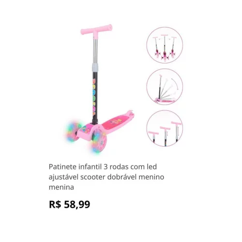 Patinete infantil 3 rodas com led ajustável scooter dobrável menino menina
