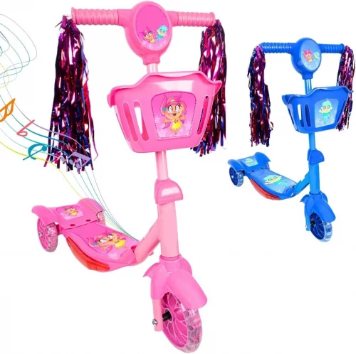 Patinete Infantil 3 Rodas com Luzes Led e Cesta Emite Som Musical Altura Regulável e Freio Traseiro