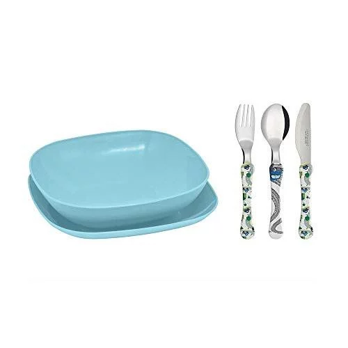 🛍️SIMONAGGIO Kit de Alimentação Infantil Trend Kids Carro - Conjunto de Pratos de Plástico e Talheres de Aço Inox Para Crianças - Azul - 5 Peças