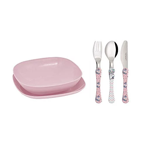 🛍️SIMONAGGIO Kit de Alimentação Infantil Trend Kids Unicórnio - Conjunto de Pratos de Plástico e Talheres de Aço Inox Para Crianças - Rosa - 5 Peças