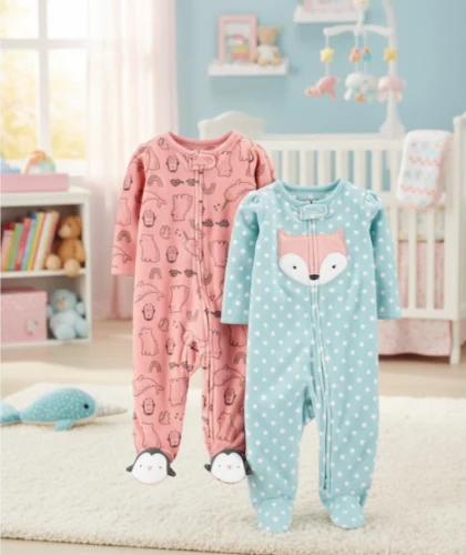 Simple Joys by Carter's Macacão de lã para bebês meninas, para dormir e brincar, pacote com 2, Raposa azul/animal pêssego, Recém Nascido