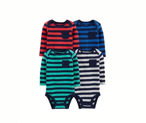 🛍️Simple Joys by Carter's Pacote com 4 bodies unissex de manga comprida, Azul/verde menta/cinza/listra vermelha, 0-3 Meses
