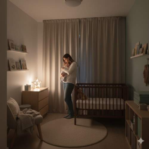 Pai ou mãe segurando bebê dormindo pacificamente em quarto aconchegante à noite, ilustrando rotina de sono infantil tranquila