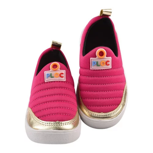 Tênis Ploc Street Calce Fácil Slip On Flat Anatômico Pink com Dourado infantil