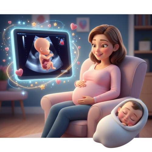 Ilustração digital de gestante realizando ultrassom morfológico em consultório médico, mostrando a importância do exame para detecção da saúde fetal durante a gravidez