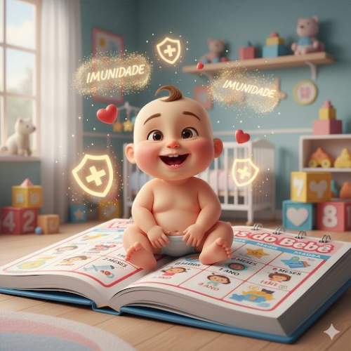 Bebê recebendo vacina com cuidado dos pais e enfermeira, mostrando a importância da imunização infantil para proteção e saúde