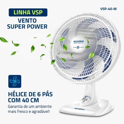 🔥 Ventilador de Mesa 40cm Super Power, Mondial, Branco/Azul, 140W - VSP-40-W