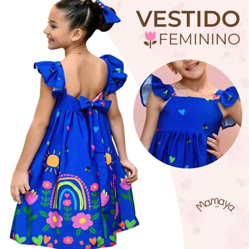 🔥 Vestido Dia-das-Crianças Manga Infantil Menina Estampado Casual Festa Luxo 4 a 12 Anos