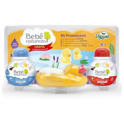 Bebê Natureza Kit Meu Patinho Suave Extrato de Algodão Shampoo 120ml e Condicionador 100ml e Saboneteira