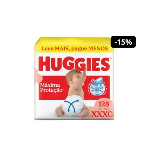 Fralda Descartável Huggies Máxima Proteção Tamanho XXXG 128 unidades – Fralda com tecnologia Xtra-Flex, canais em X que se adaptam aos movimentos e má...