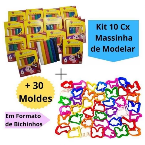 Kit 10 Cx Massinha de Modelar +  30 Molde Cortador Lembrancinha Kit Festa Infantil Escolar