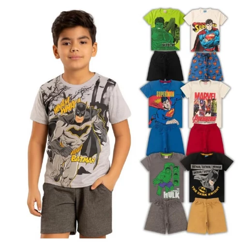 Kit 10 Peças de Roupa Menino Infantil Herói Verão 2 a 10 anos Conjunto Personagem Batman Aranha Hulk