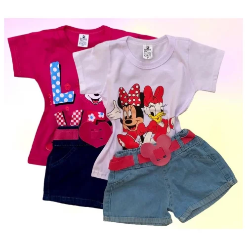 KIT 2 CONJUNTOS INFANTIL MENINA DE 06 MESES A 5 ANOS COM CAMISETA E SHORT JEANS