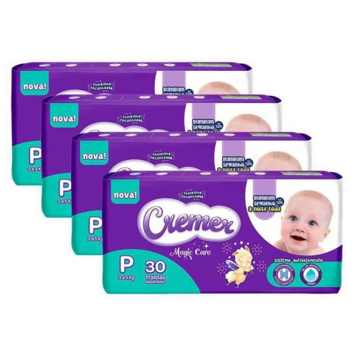 Kit 4 Fralda Cremer Magic Care Tamanho P Pacote Jumbo 30 Unidades Descartáveis