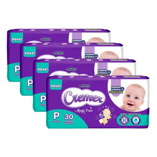 Kit 4 Fralda Cremer Magic Care Tamanho P Pacote Jumbo 30 Unidades Descartáveis