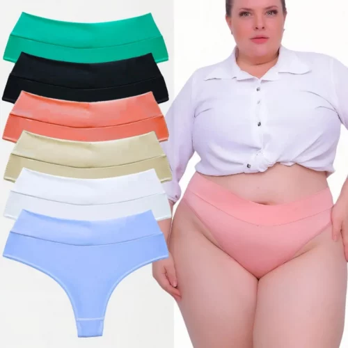 🛍 Kit 5 Calcinha Plus Size Cintura Alta Fio Dental Cós Duplo