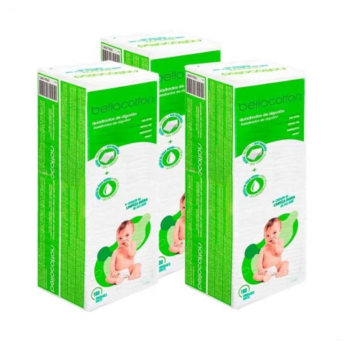 Kit Algodão Bellacotton Quadrado Hipoalergênico para Bebês (3 Pcts - 300 unidades)