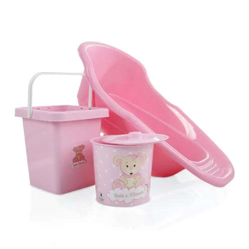 Kit Banheira Bebê com Balde e Lixeira – Estampa Ursinho