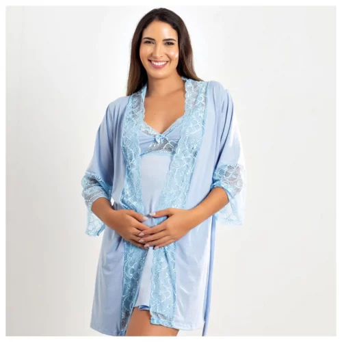 Kit Camisola Amamentação Com Click Frontal e Robe Luxo Maternidade