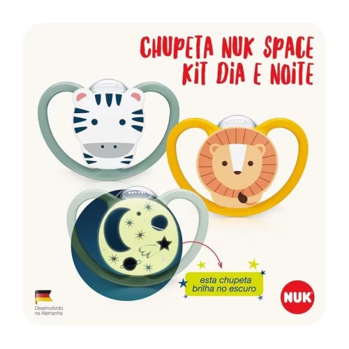 Kit com 3 Chupetas Space 6+ meses NUK – Dia e Noite