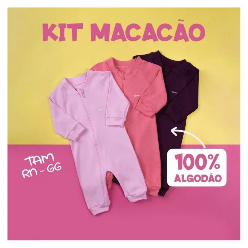 Kit com 3 macacões bebê suedine 100% algodão unissex menino menina