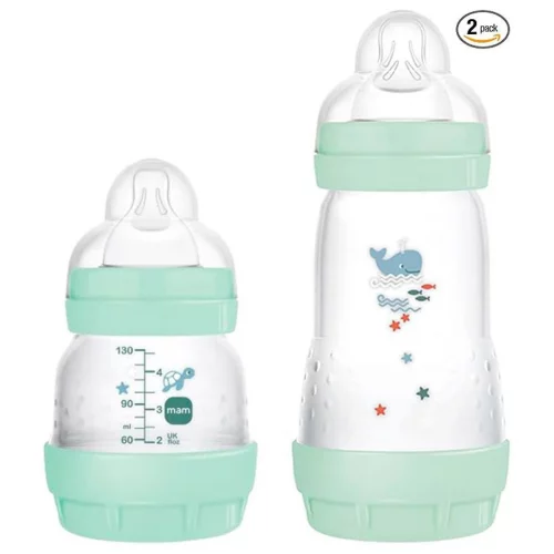 MAM Baby Kit 2 Mamadeiras Easy Start Starter Set Anticólica e Menos Bolhas de Ar, para Crianças 0+ Meses Autoesterilizável e com Bico de Silicone Skinsoft, Verde