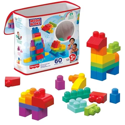 🛍️Mega Bloks Jogo de Construção Bolsa Clássica com 60 Blocos para crianças a partir de 1 ano