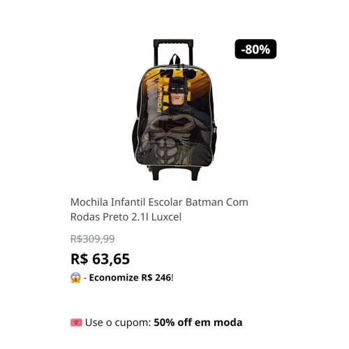 Mochila Infantil Escolar Batman Com Rodas Preto 2.1l Luxcel