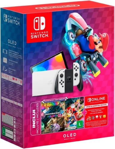🔥 Nintendo, Console + Jogo, Switch OLED Branco, Jogo Digital Mario Kart 8 Deluxe, 3 Meses de Assinatura Nintendo Switch Online