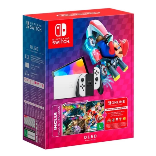 Nintendo Switch OLED + Jogo Digital Mario Kart 8 Deluxe, 3 Meses de Assinatura Nintendo Switch Online