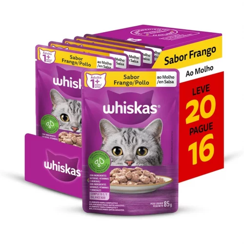Pack Ração Úmida Whiskas Sachê Frango ao Molho para Gatos Adultos - Leve 20 Pague 16