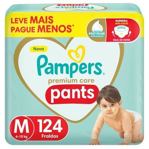 🛍️Pampers Premium Care Pants Fralda Tamanho M 124 Unidades, Fácil de Vestir