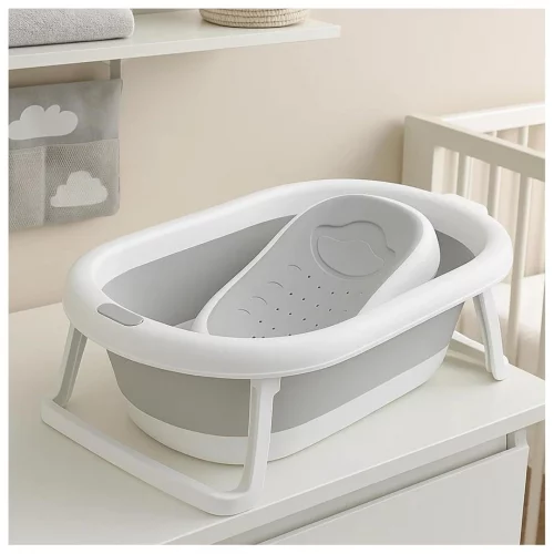 PIPDIP Kit Banheira Dobrável para Bebê, Modelo 2 em 1, Com Encosto, Capacidade de até 44 Litros, Portátil, Plástico e Borracha, Branco e Cinza.