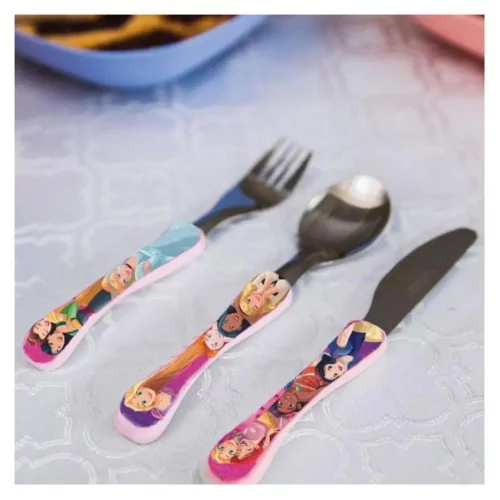SIMONAGGIO Jogo de Talheres Infantil Disney Kids Princesas - Kit de Talheres de Aço Inox Com Cabo Plástico - Multicor - 3 Peças
