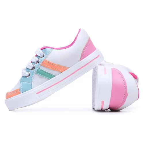 Tênis Infantil Casual, Menino, Garota, Branco com Detalhes Coloridos, Rosa e Azul, Cadarço Macia Leve Confortável