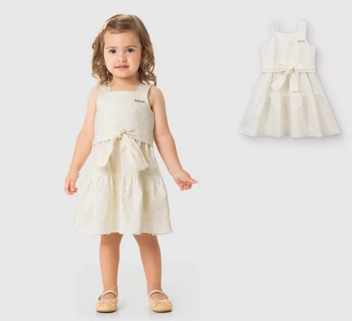 Vestido Rodado Faixa Amarração Em Bengaline - Carinhoso (Tam. 1 ao 8)