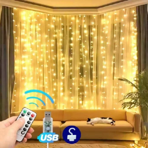 🚨 3*3M 300 LED cortina de luz com controle remoto 8 modos de iluminação corda de luz USB várias