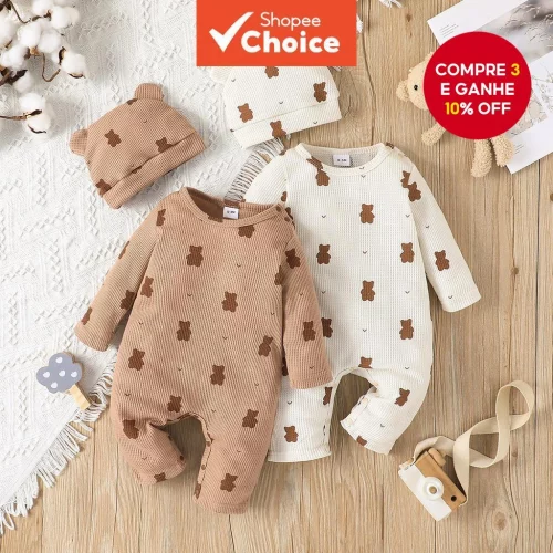 🛍️Adorável Conjunto De Macacão De Urso Para Bebês De 0 A 18 Meses , Manga Comprida Com Chapéu De Presente , Roupa Unissex