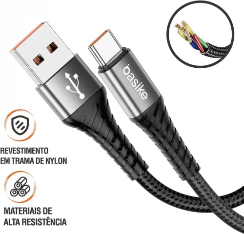 Basike Cabo USB-C (tipo C) para USB, 27W Carregamento Rápido, Nylon Trançado, 1MT (Cinza)