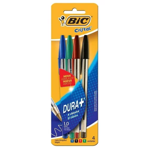 BIC, Caneta Esferográfica Escrita Média, Cristal Dura+, 4 Cores