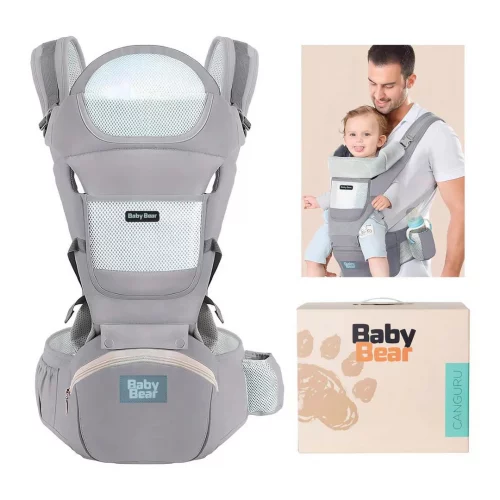 Bolsa Canguru Cinza Ergonômico Premium 12 Posições 4 em 1, Baby Bear