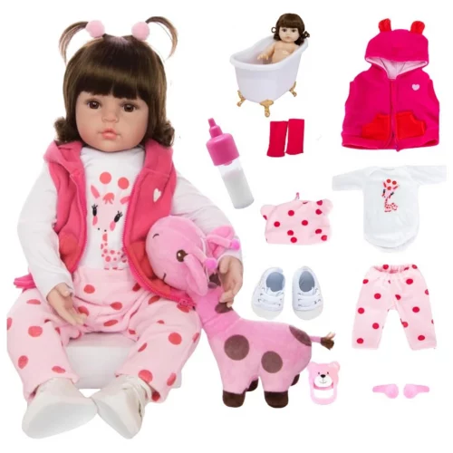 Boneca Bebê Reborn Menina Realista Siliconada com Girafinha Rosa e Roupas Luxo 48 cm Pode Tomar Banho