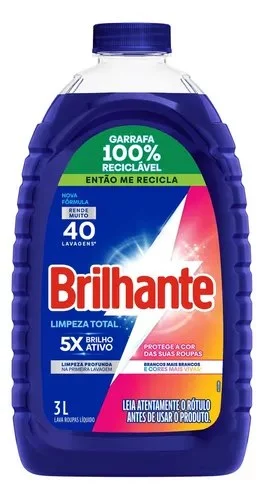 🔥 Brilhante Lava Roupas Líquido Limpeza Total 3 Litros