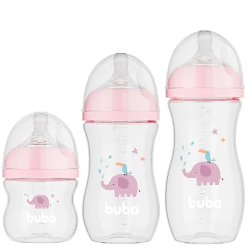 🛍️Buba, Kit 3 Mamadeiras Easy Flow Elefante Rosa 120/270/330ml